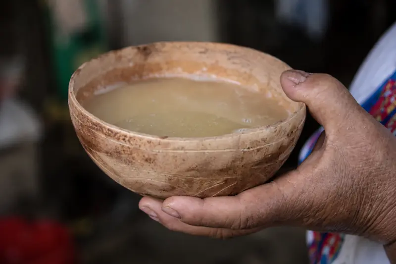 A weathered hand holding out a gourd bowl filled with cloudy pale chicha, the fermented corn drink, in a dim chichería