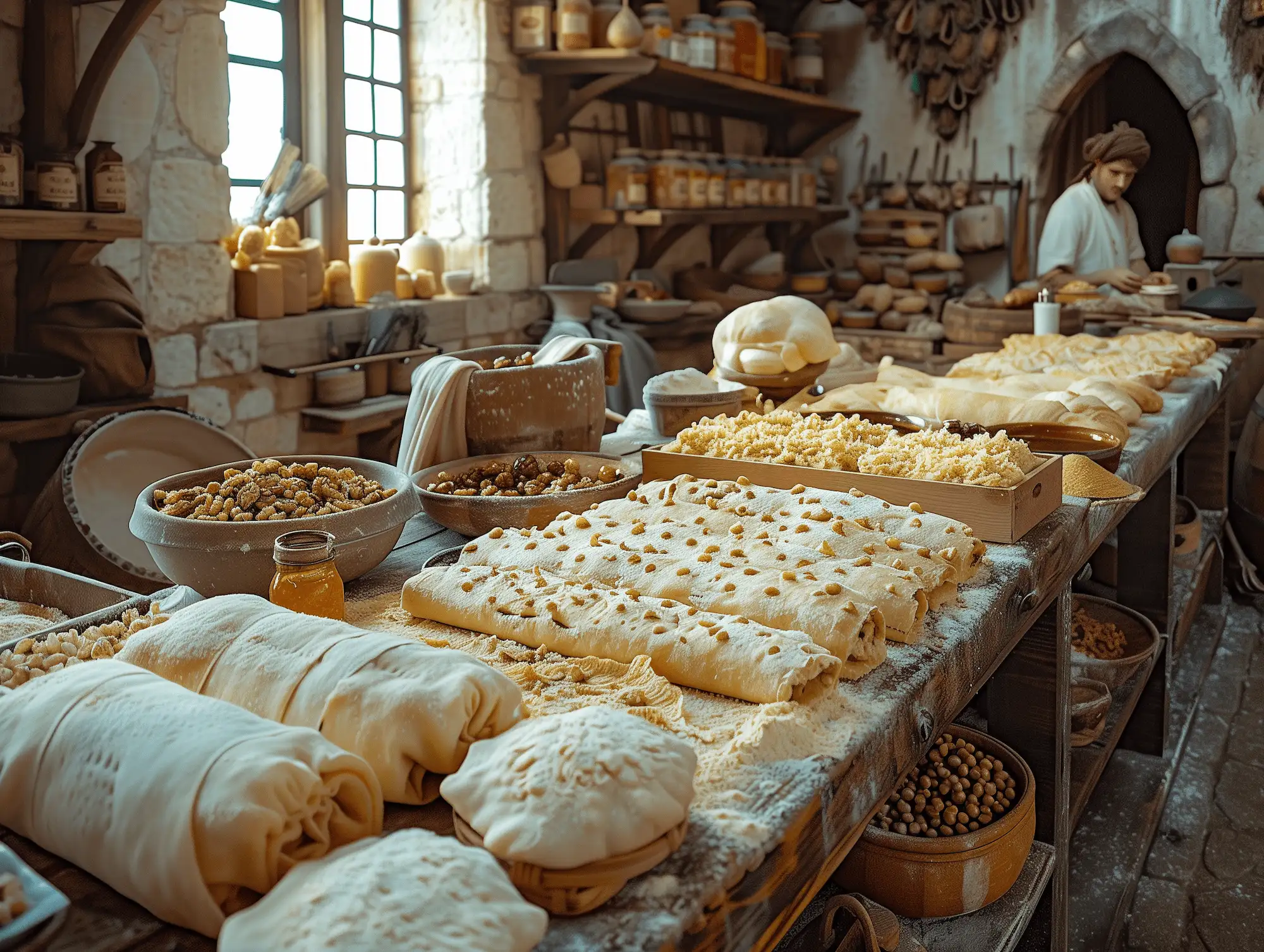 A bustling 17th-century European kitchen with various types of phyllo dough and puff pastry