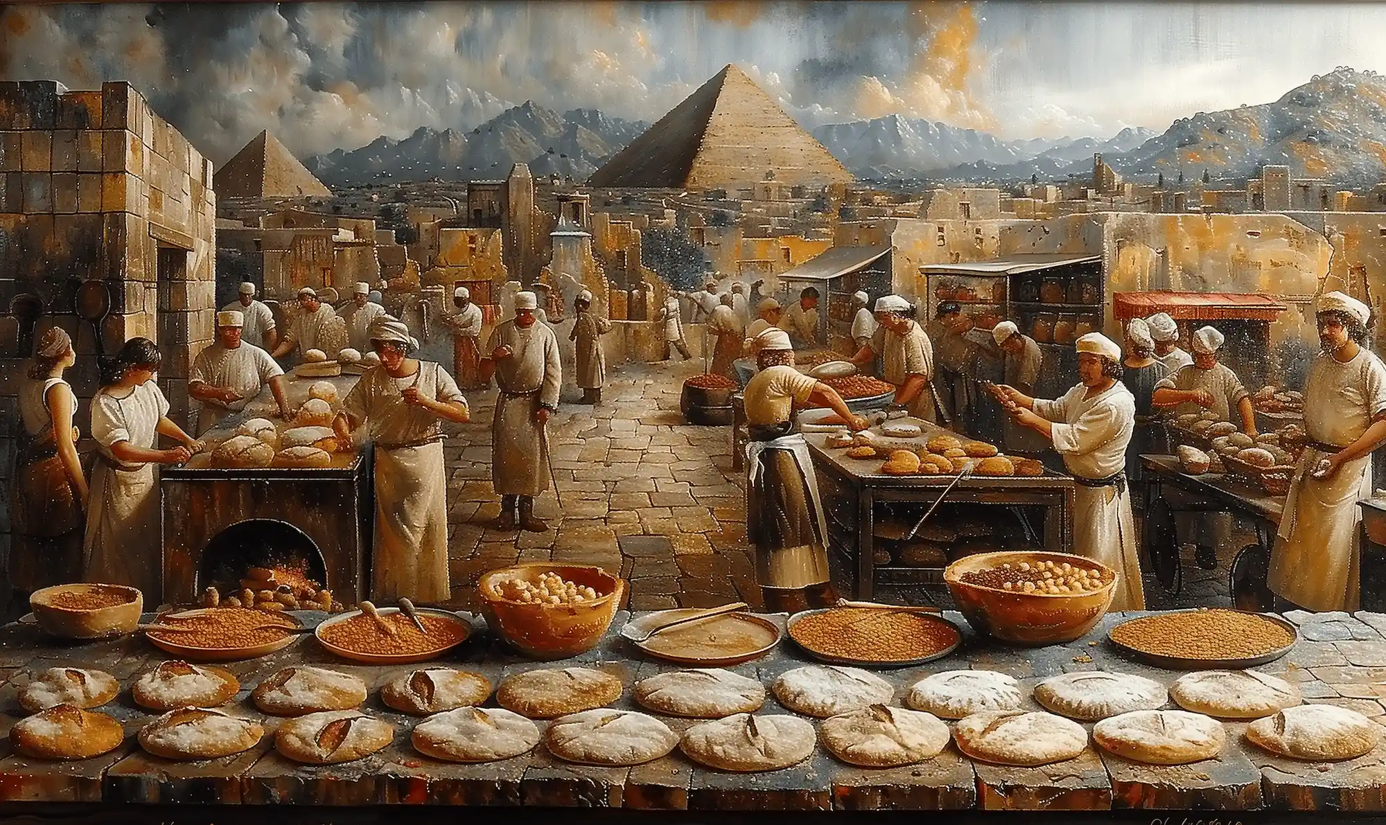 A detailed painting of an ancient Egyptian bread-making scene, featuring numerous bakers preparing and baking bread in an outdoor setting with the pyramids in the background.