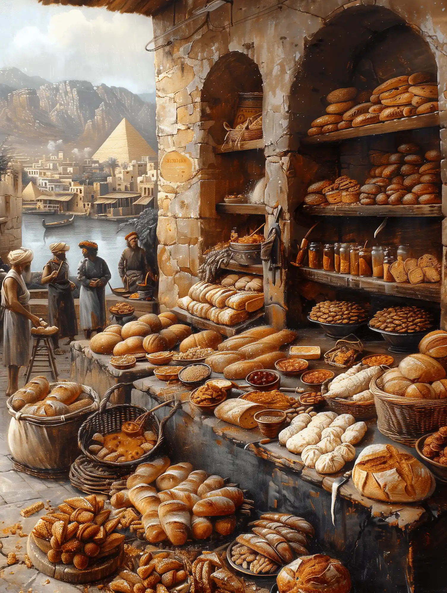 A detailed scene of an ancient Egyptian bread market, showcasing a variety of breads and baked goods displayed on shelves and tables with a pyramid and village in the background.