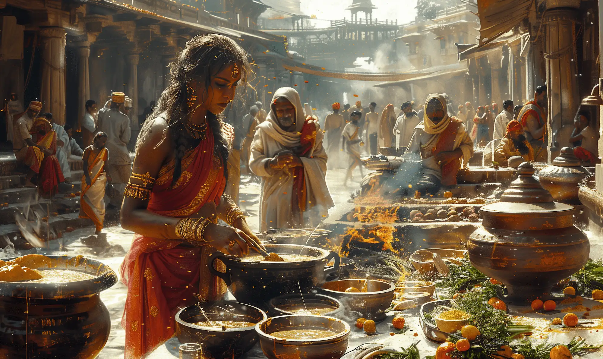 An ancient Indian village kitchen scene with a woman in traditional attire cooking various dishes over open flames, surrounded by sugarcane and syrup, and other villagers.