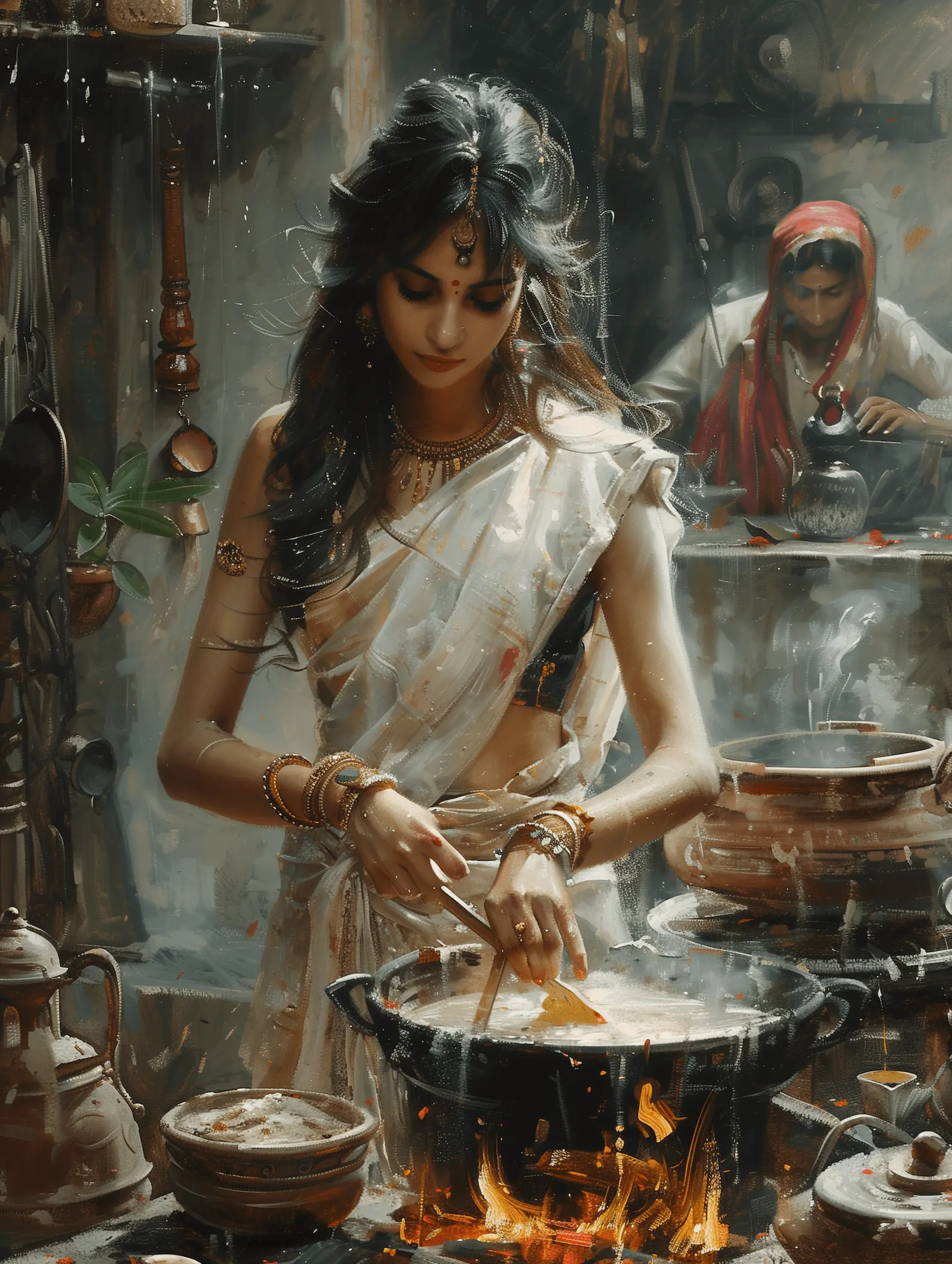 A traditional Indian woman in an ancient village kitchen cooking sugarcane syrup in a large pot over an open flame.