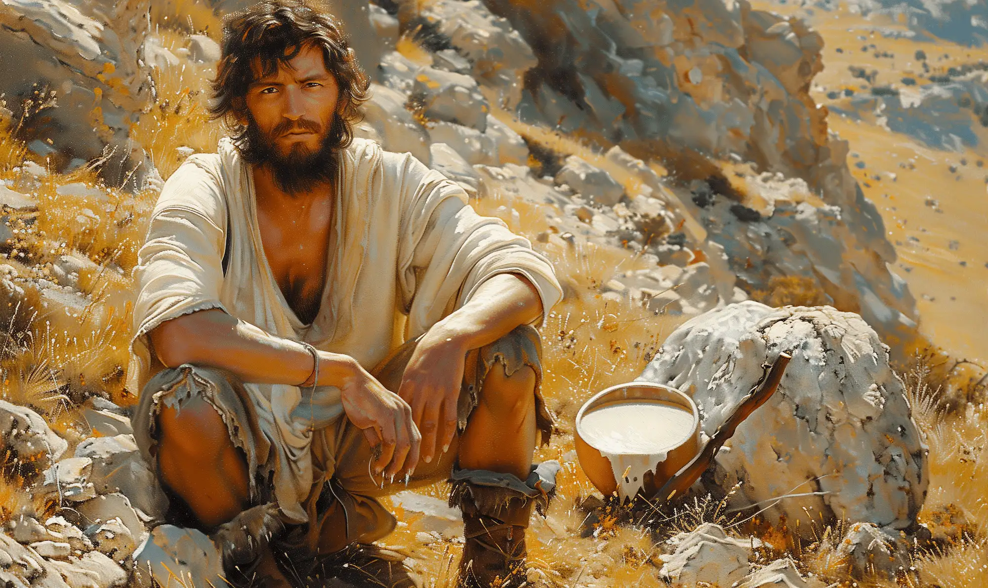 A rugged ancient traveler resting on a rocky mountain landscape with a bowl of milk beside him.