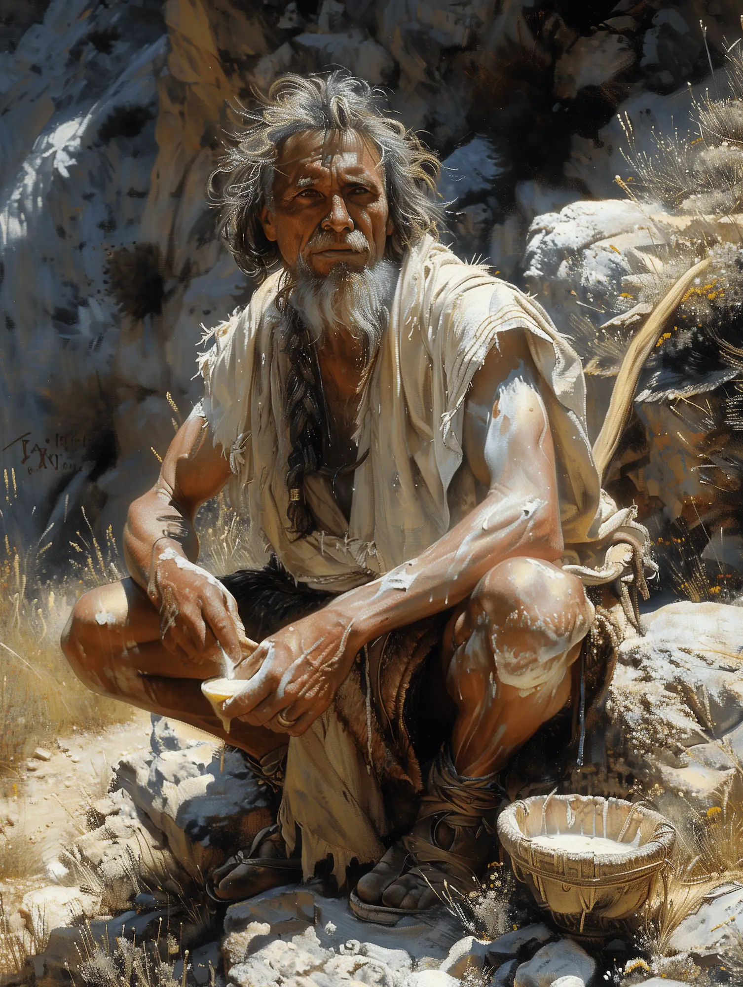 An ancient traveler with long gray hair and a beard, dressed in tattered clothes, rests on a rugged mountain landscape while holding a bowl of milk.