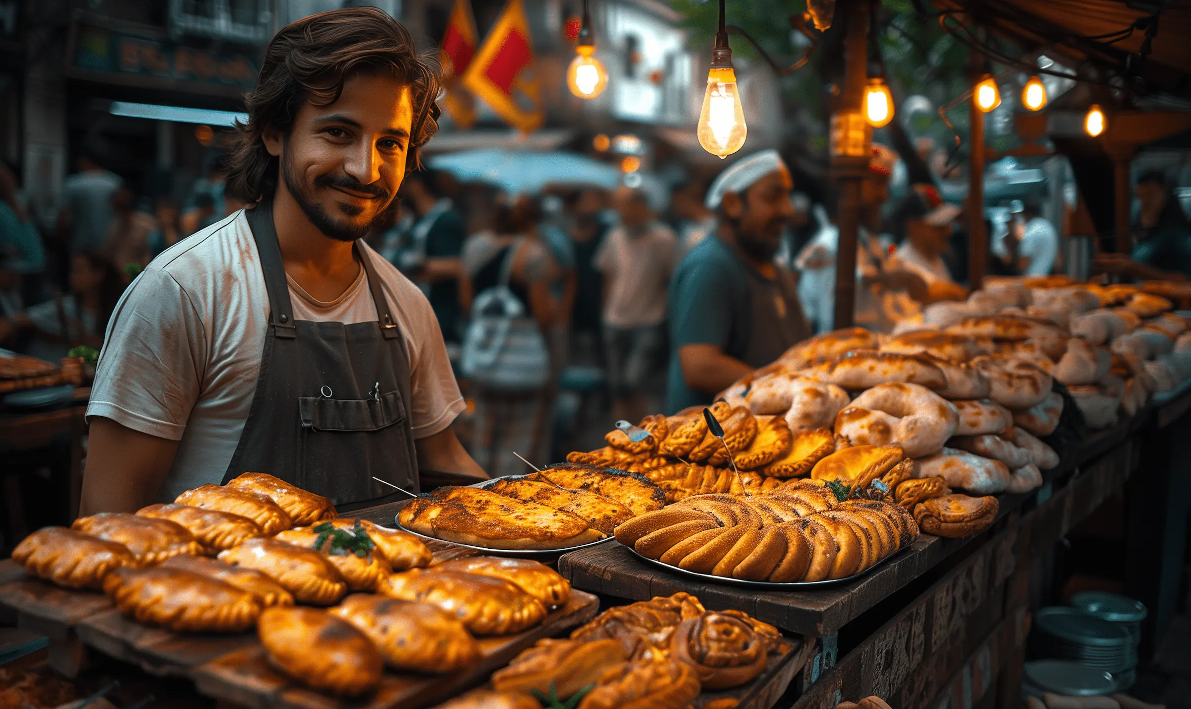 A smiling vendor at a bustling international food market in Buenos Aires, showcasing a variety of freshly baked empanadas and other pastries under warm hanging lights.