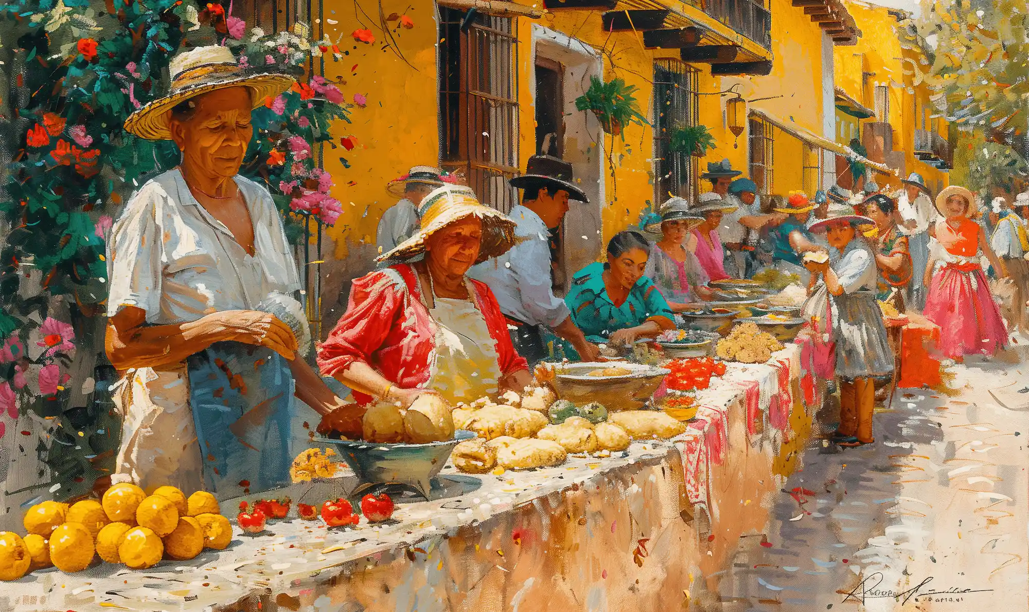 A vibrant painting of a street market at the Arepa de Huevo Festival in Cartagena, Colombia, featuring local vendors in colorful attire selling traditional foods.