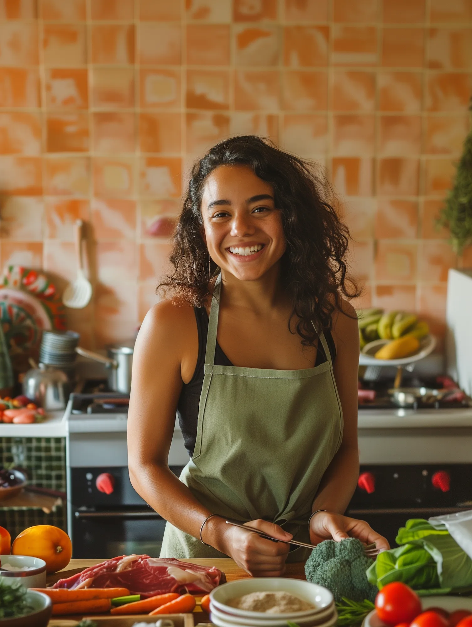 A smiling woman chef preparing fresh vegetables and meat in a cozy home kitchen with a salmon-colored tiled background.