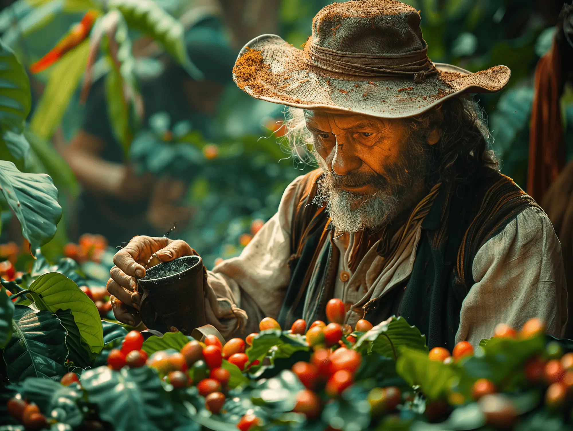 A seasoned coffee farmer in the Caribbean carefully inspecting ripe coffee cherries amidst lush green foliage.