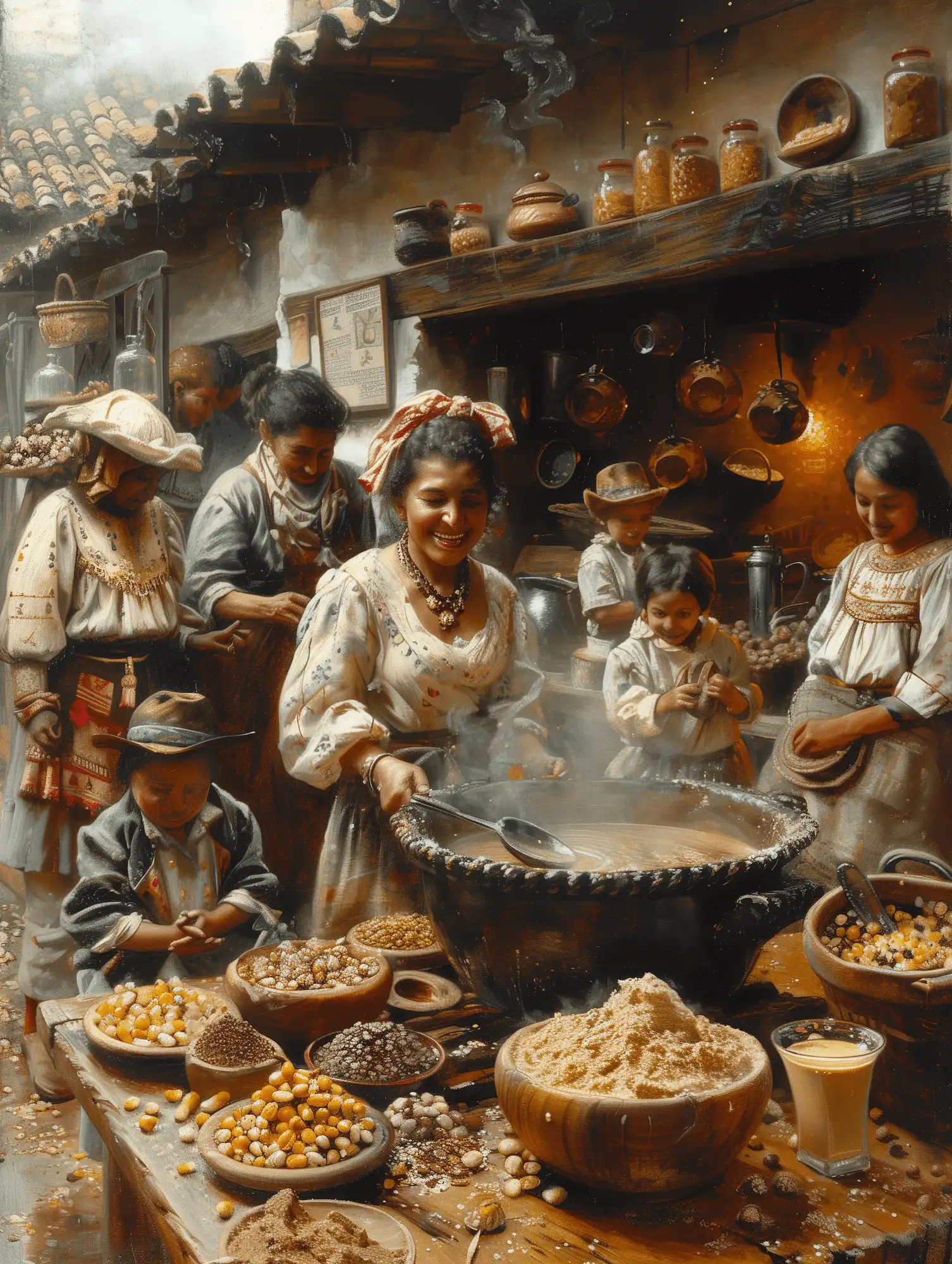 A lively Colombian kitchen scene with women and children preparing hot cocoa, surrounded by a variety of traditional ingredients and cookware.