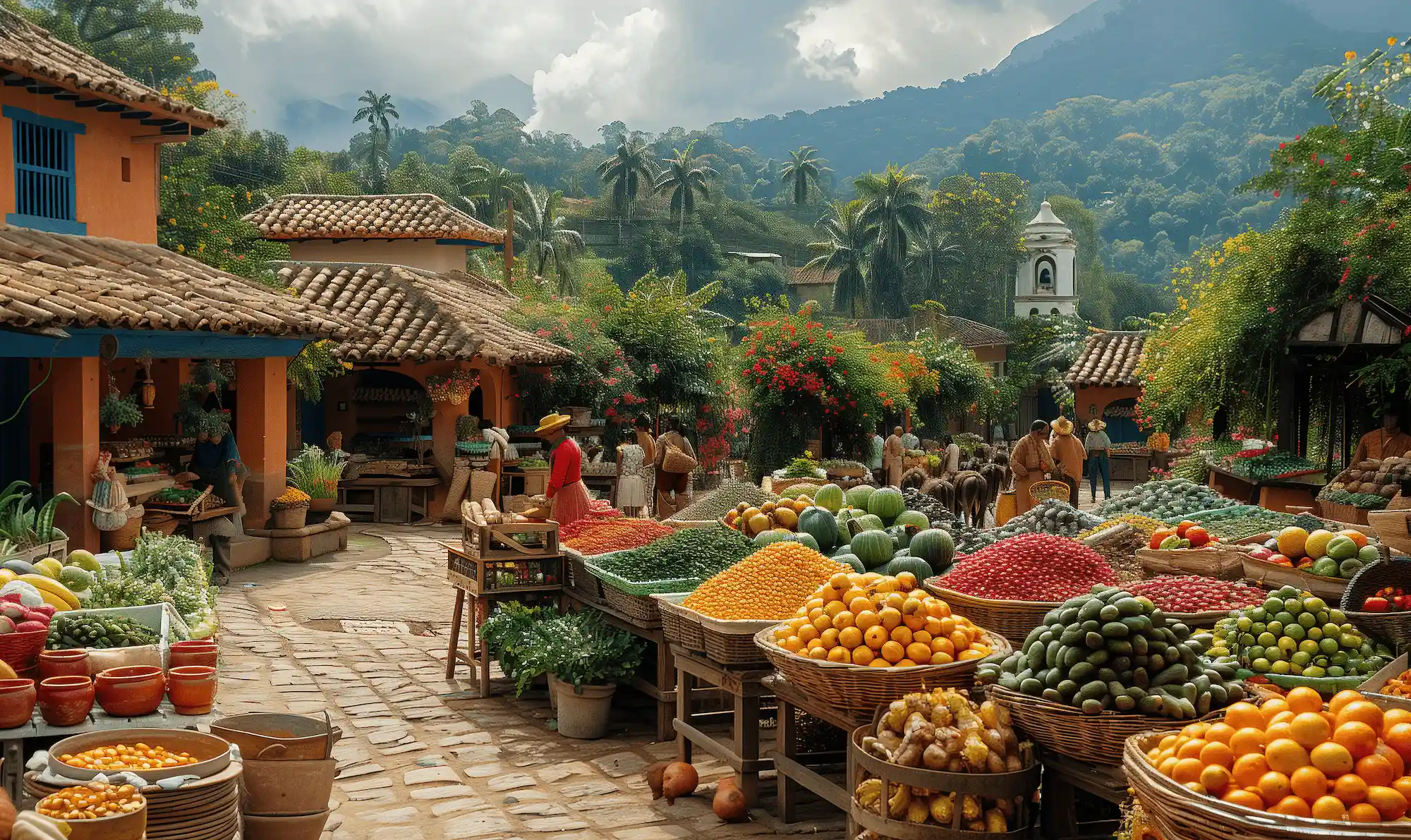 A vibrant and bustling marketplace in Colonial Antioquia, showcasing colorful fruits and vegetables with traditional architecture and scenic mountain backdrop.