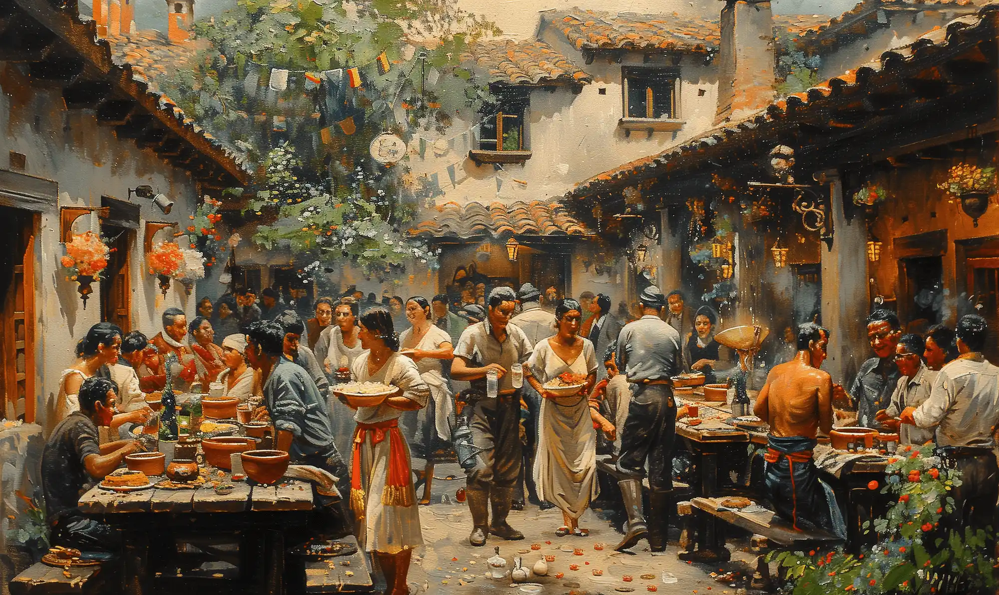 A vibrant painting depicting a bustling chicheria in colonial Bogotá with people enjoying food and drinks.