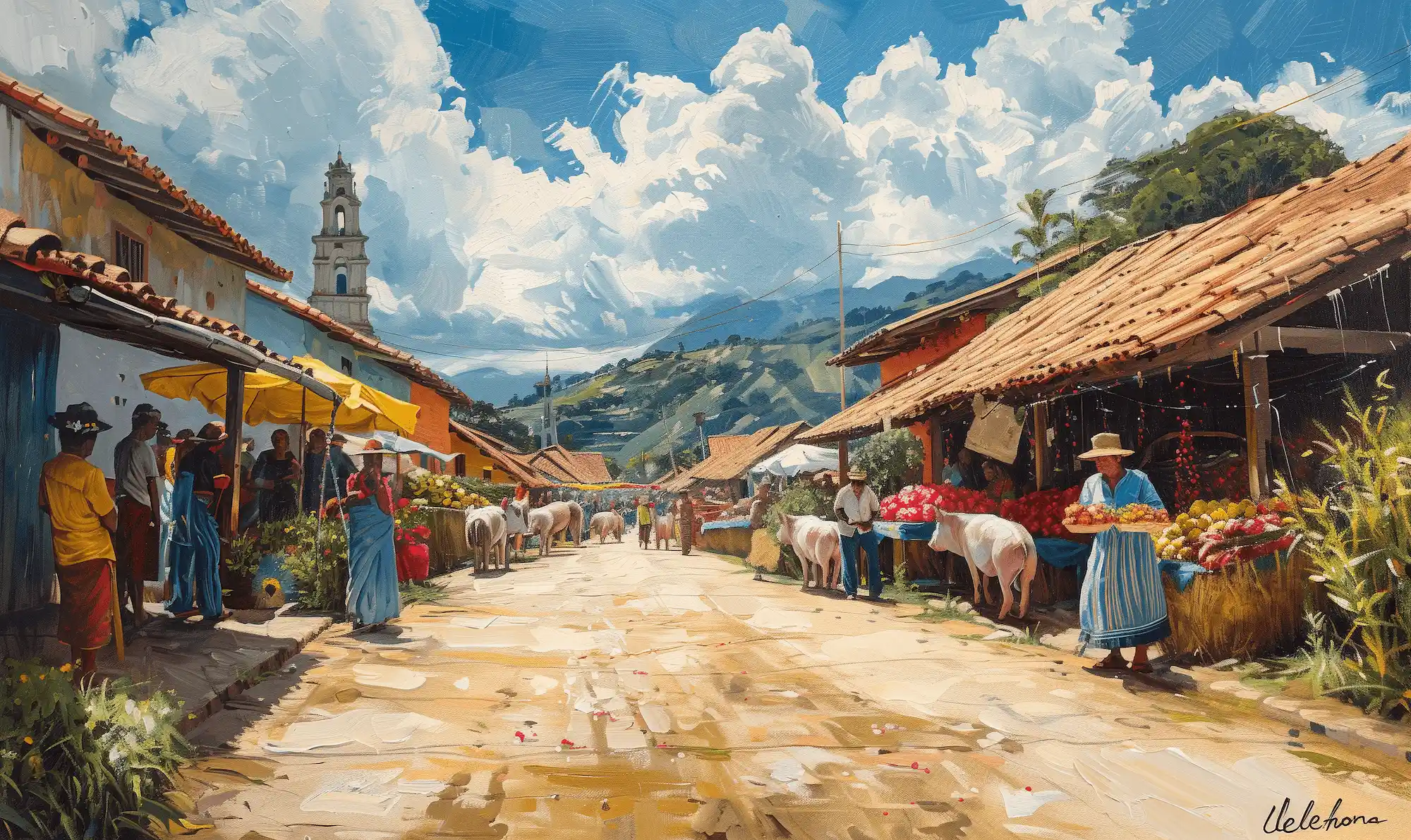 A bustling market scene in El Espinal, Tolima, Colombia, featuring local vendors, colorful stalls, and pigs being sold.