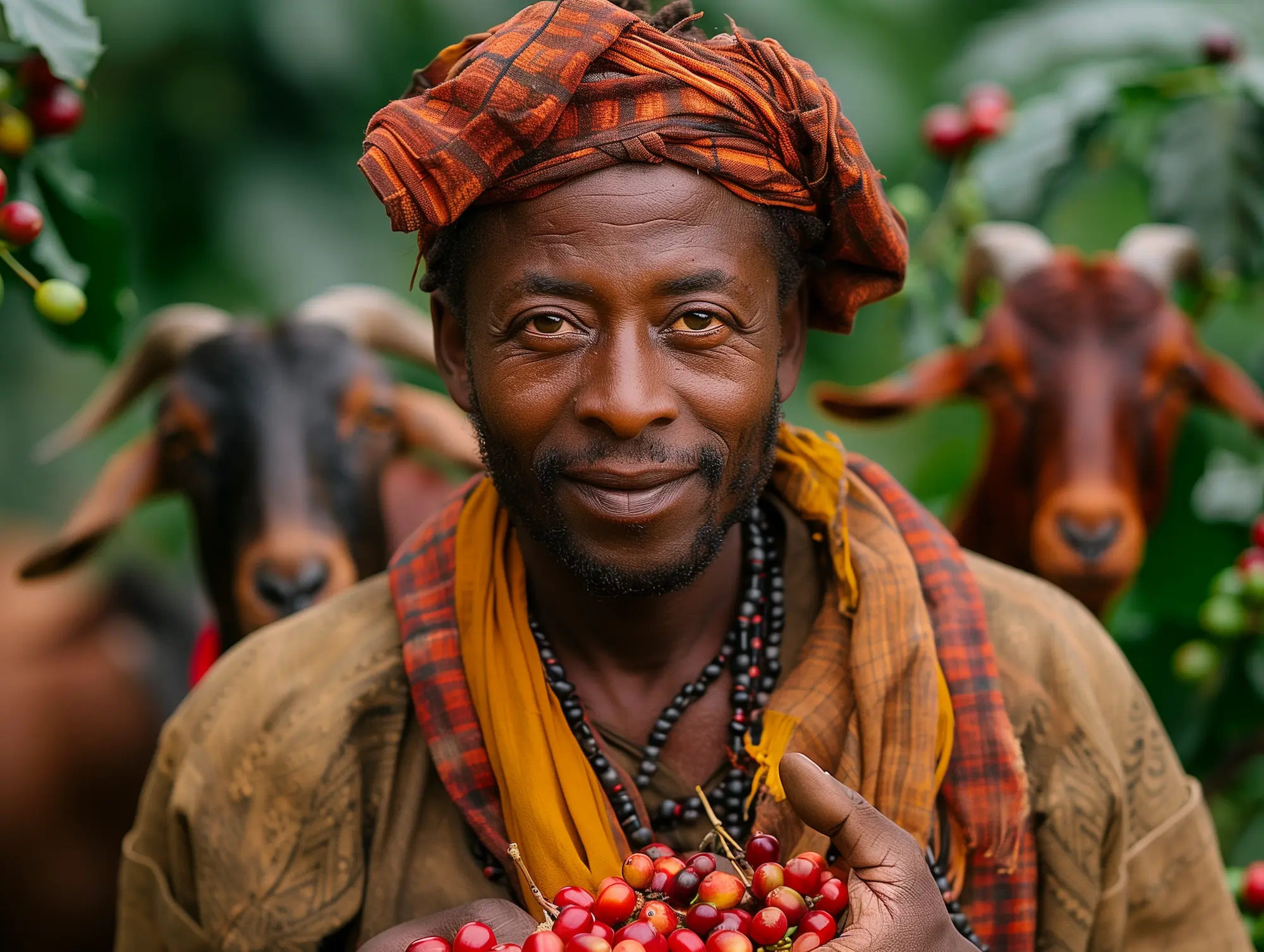 Ethiopian shepherd Kaldi holding coffee cherries with goats in the background.