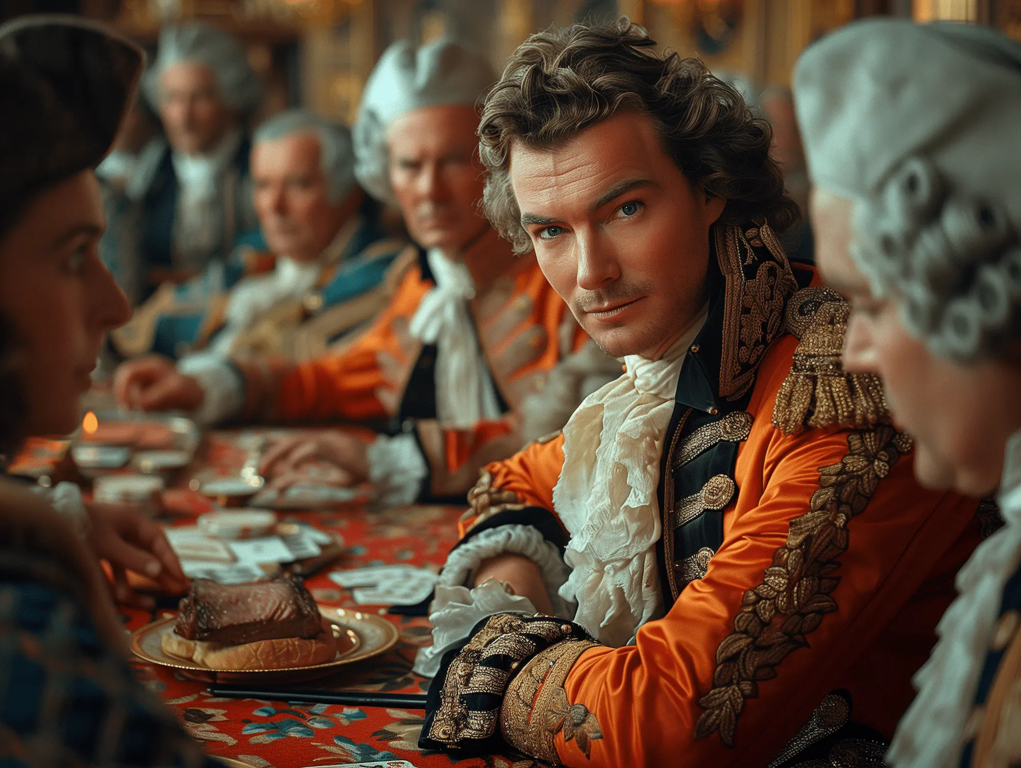 A historical re-enactment of John Montagu, the 4th Earl of Sandwich, dining with peers in the 18th century, showcasing the origins of the sandwich.