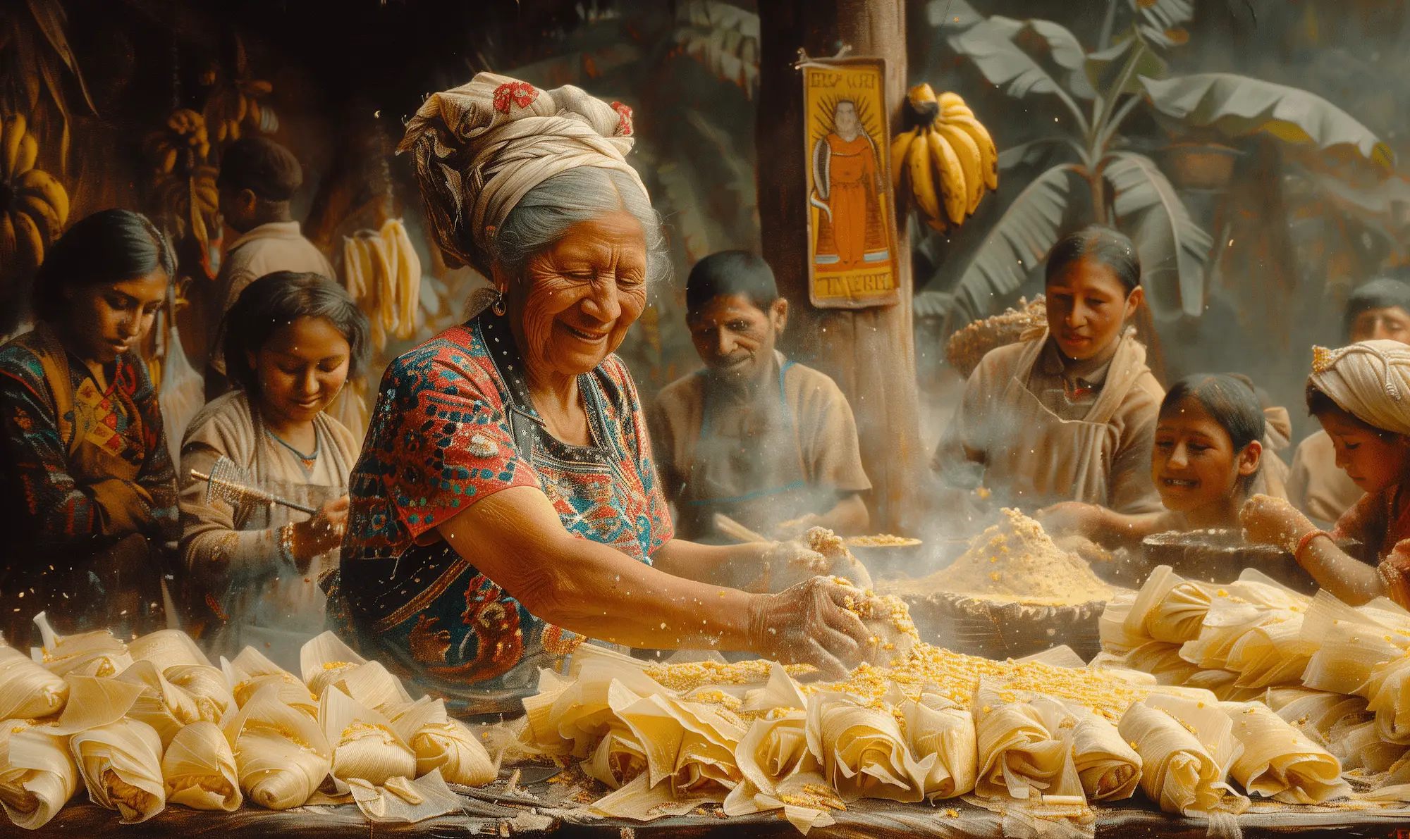 A vibrant scene of traditional tamale preparation in Latin America, featuring an elderly woman and children wrapping tamales in corn husks.