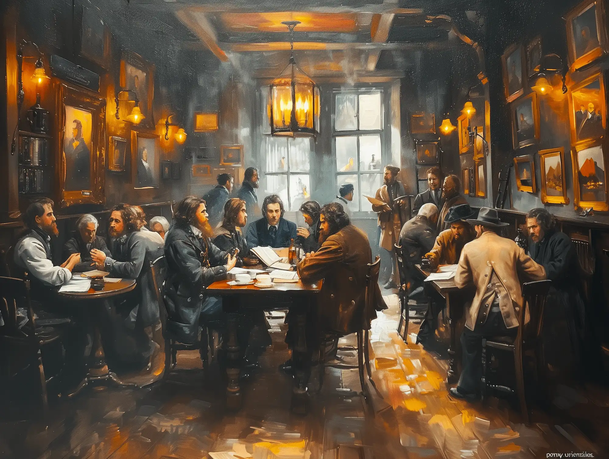 A vibrant scene in an 18th-century London coffeehouse, with patrons engaged in lively conversations and enjoying their beverages, set against a warmly lit, cozy interior.