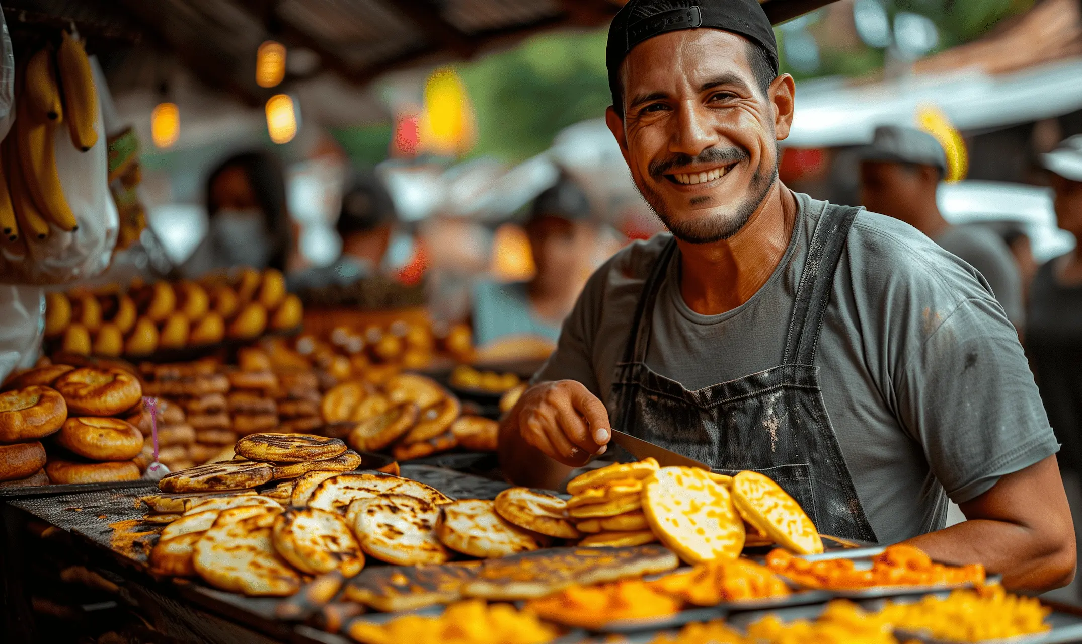 Smiling vendor at an outdoor food market in Medellin, showcasing a variety of freshly grilled arepas.