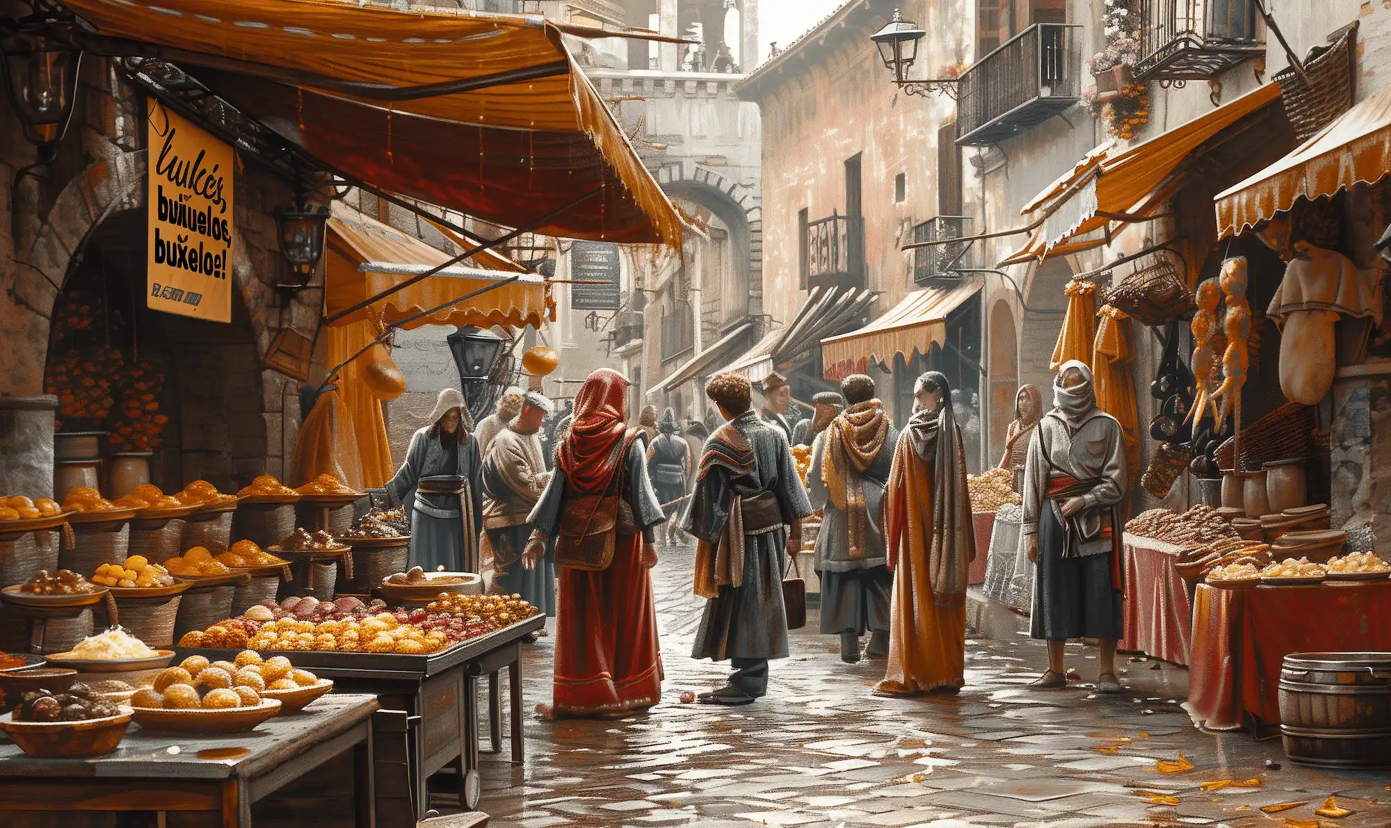 A lively medieval town market street with various food stalls displaying colorful assortments of food items, including buñuelos, and people in traditional clothing.