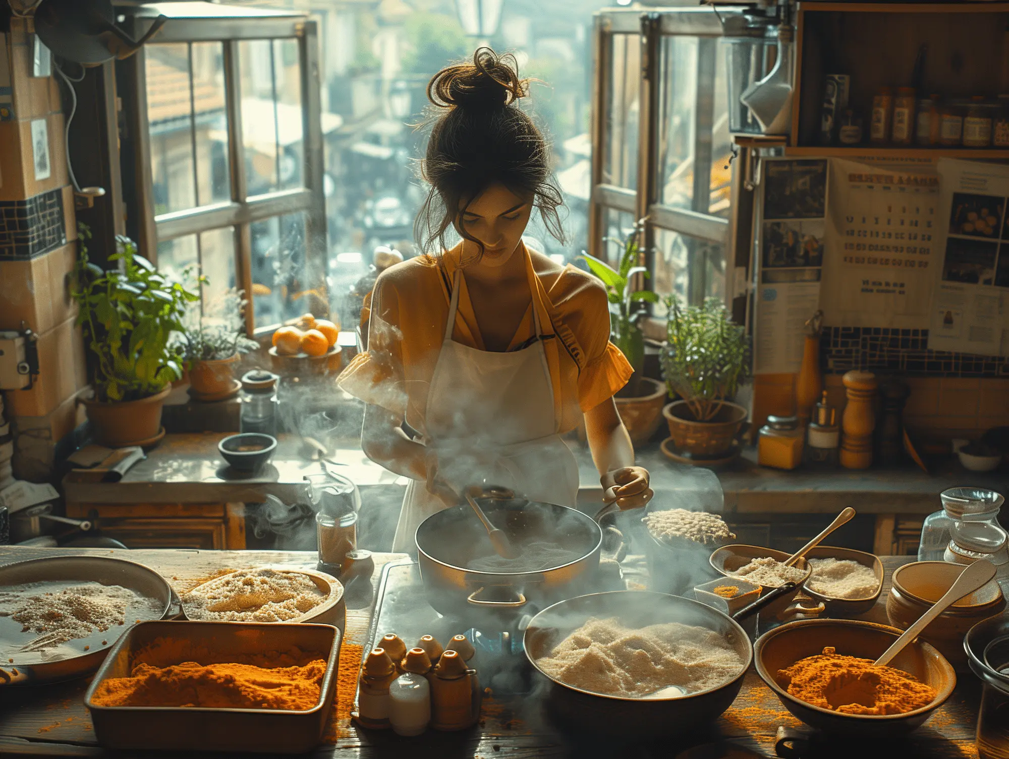 A woman cooking couscous in a cozy modern kitchen filled with various spices and ingredients, located in a European home.