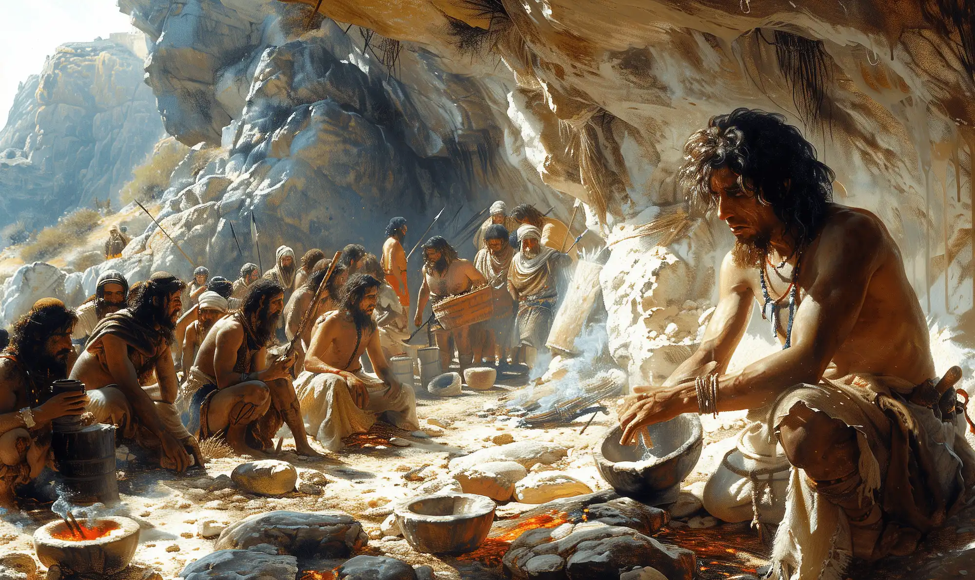 A detailed painting depicting a Natufian brewer and his assistant brewing in a rocky cave setting, with other members of the community gathered around.