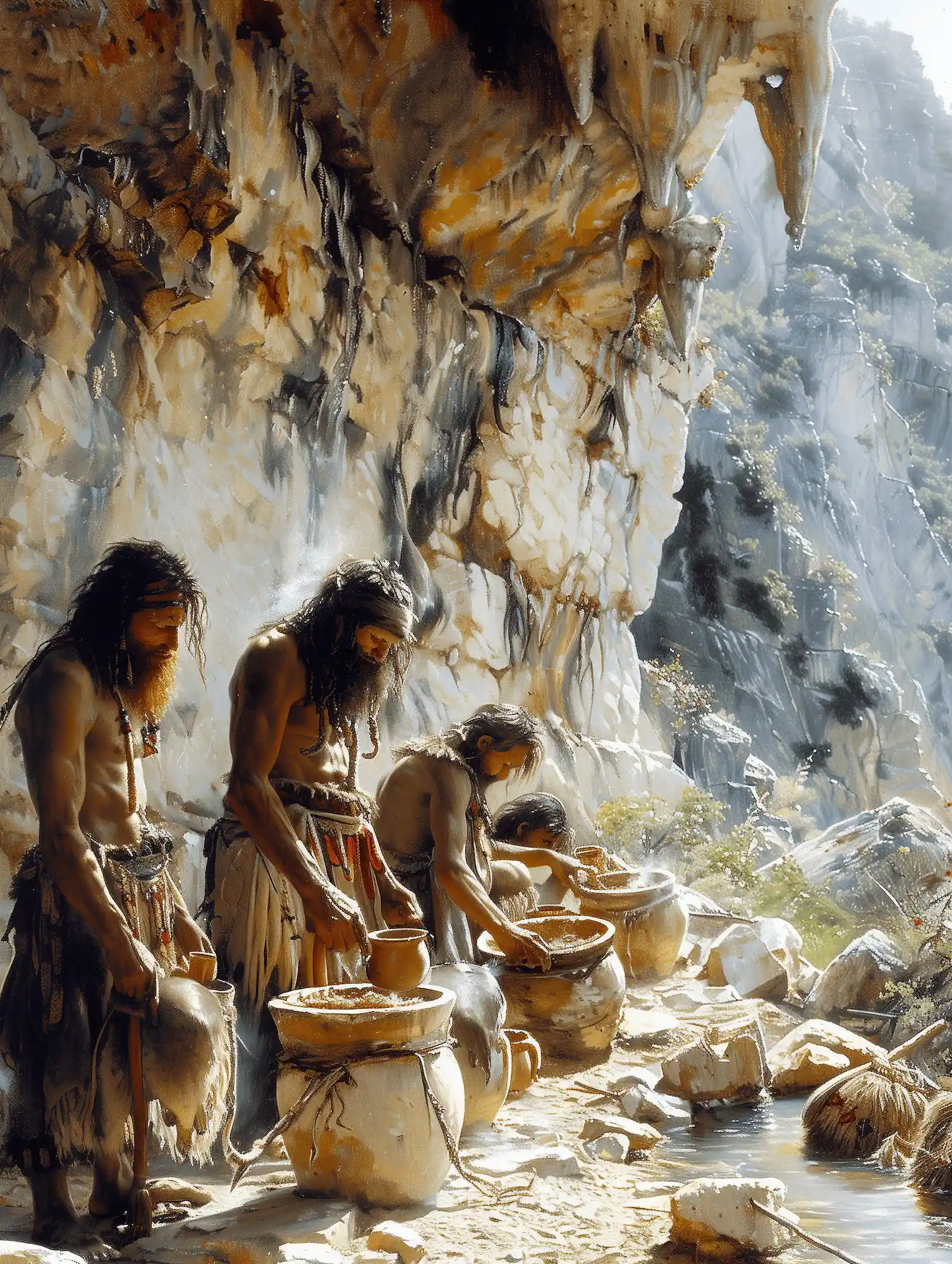 Ancient Natufian brewers engaging in brewing activity near a rock formation.