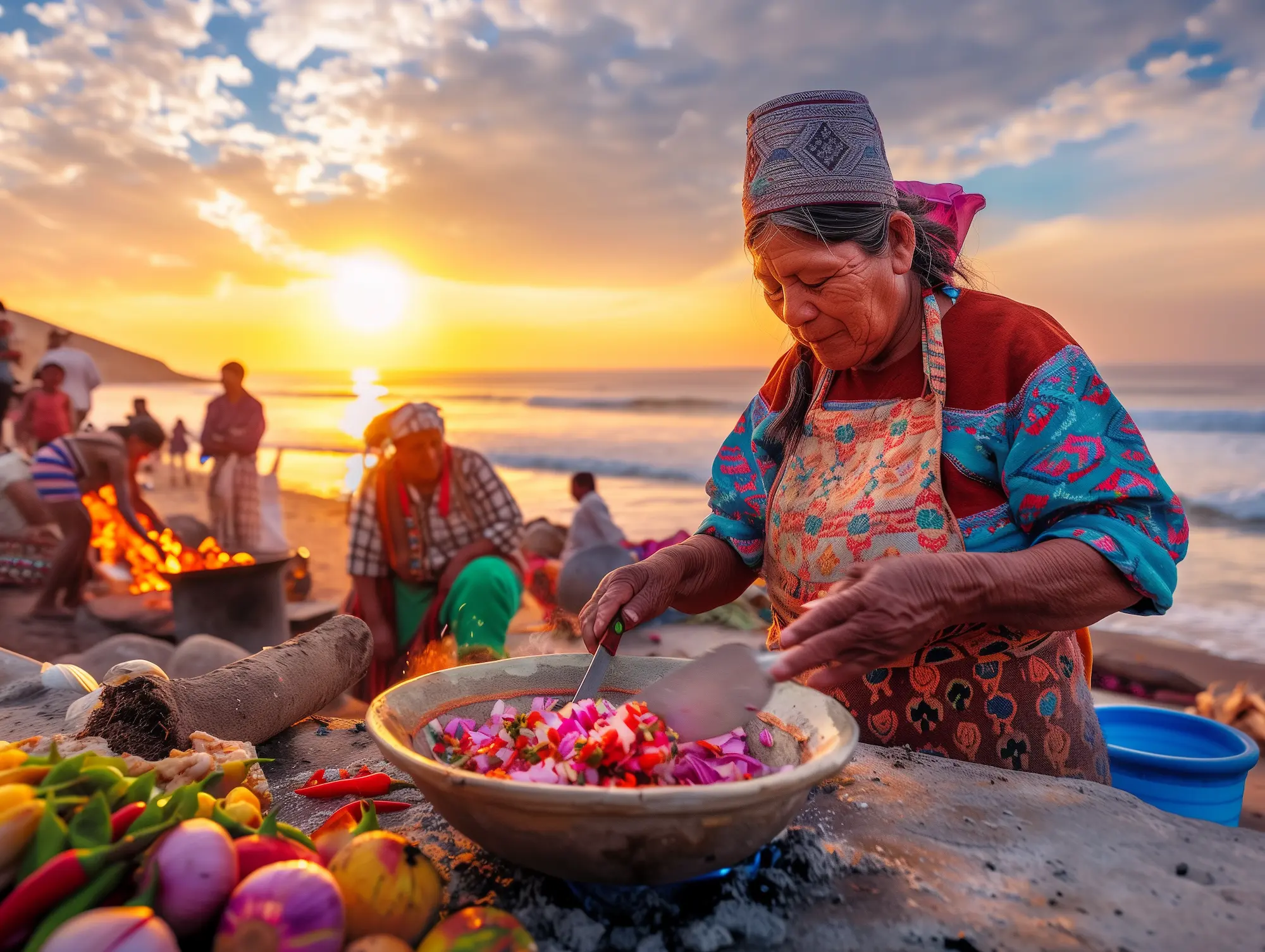 Traditional Mochica cooks preparing ceviche on a serene beach at sunset in Peru