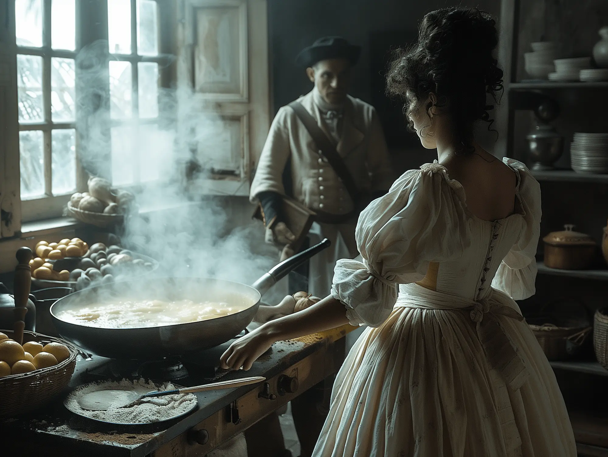 A woman in a rustic 1829 Argentine kitchen preparing dulce de leche, with a man in the background.