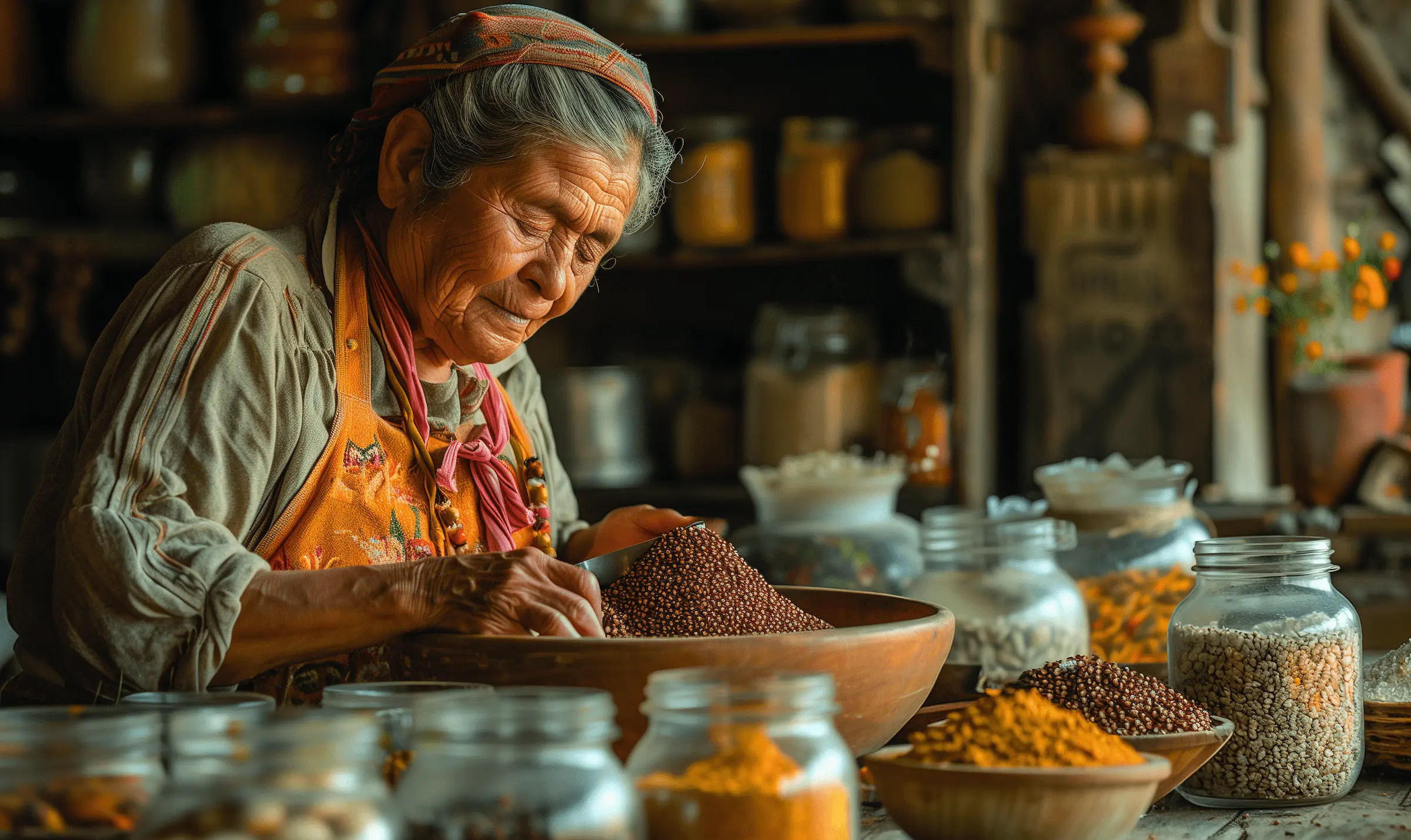 An elderly woman, in a rustic kitchen surrounded by jars of traditional Colombian spices and cocoa, carefully preparing ingredients in a large wooden bowl.