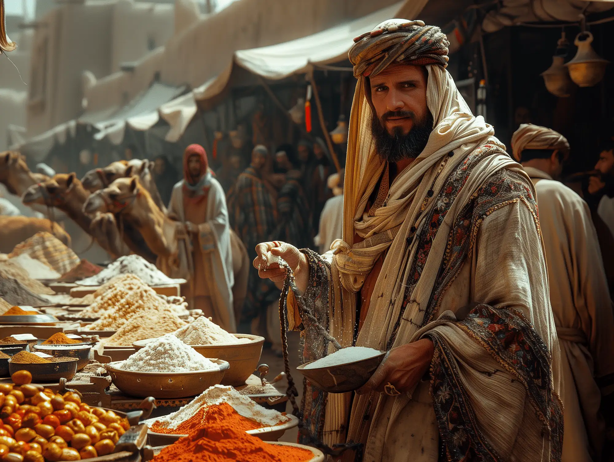 A man in traditional attire stands in an ancient Sahara bazaar, surrounded by vibrant piles of spices.