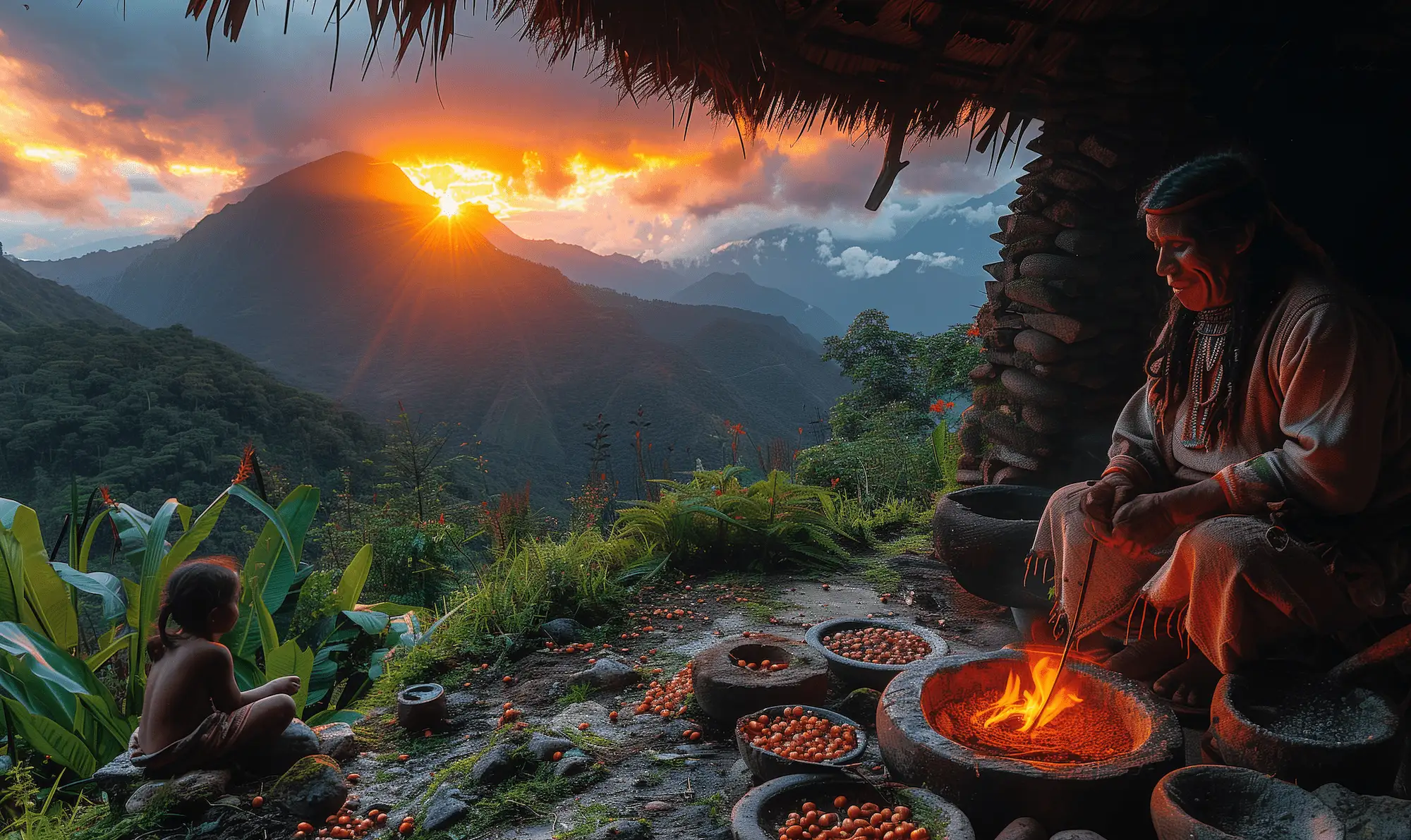 An elderly woman preparing traditional aji (chili) in an ancient village in southwestern Ecuador, with a child nearby and a stunning sunset over the mountains.