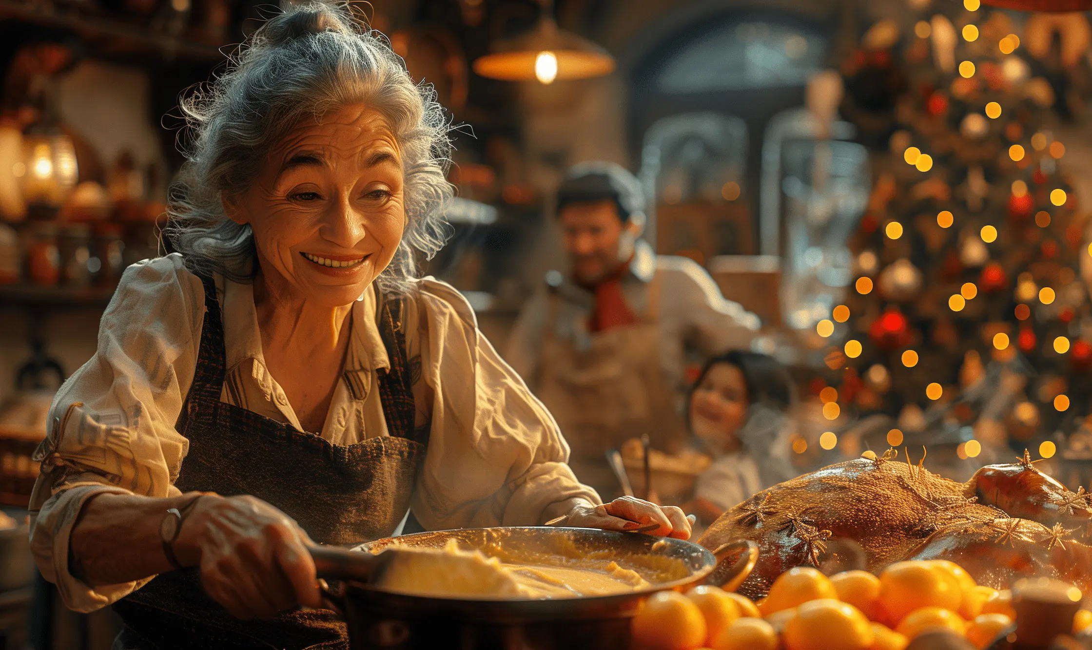 Elderly woman cooking natilla in a warmly lit traditional Colombian kitchen during Christmas.