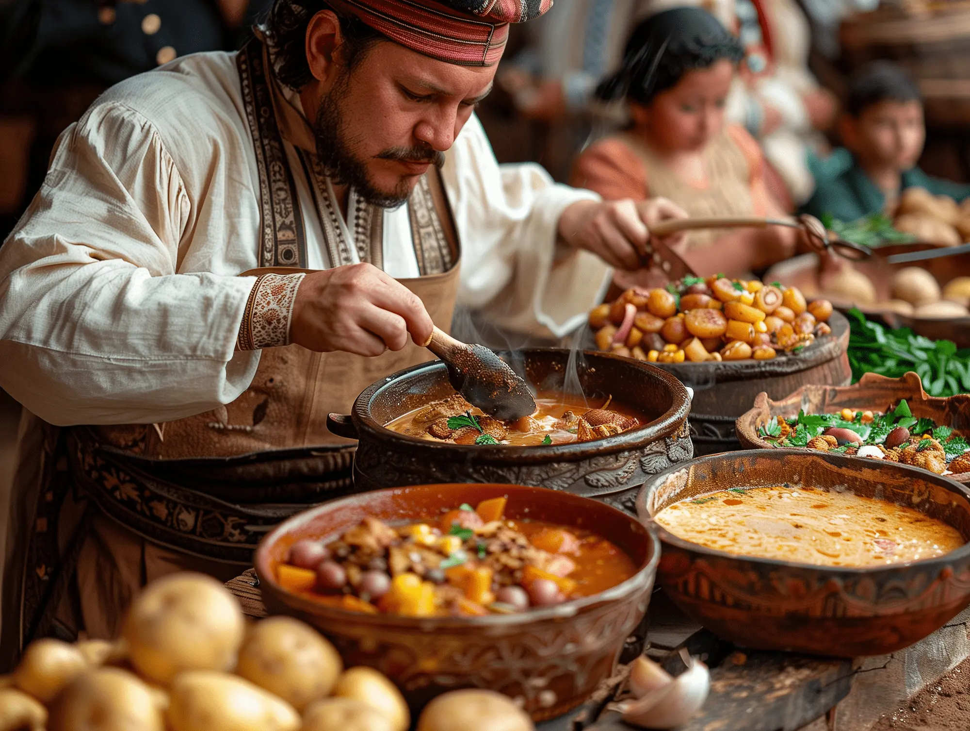 Chef preparing traditional Andean dishes including Ajiaco in a rustic kitchen with a variety of hearty soups and stews displayed.