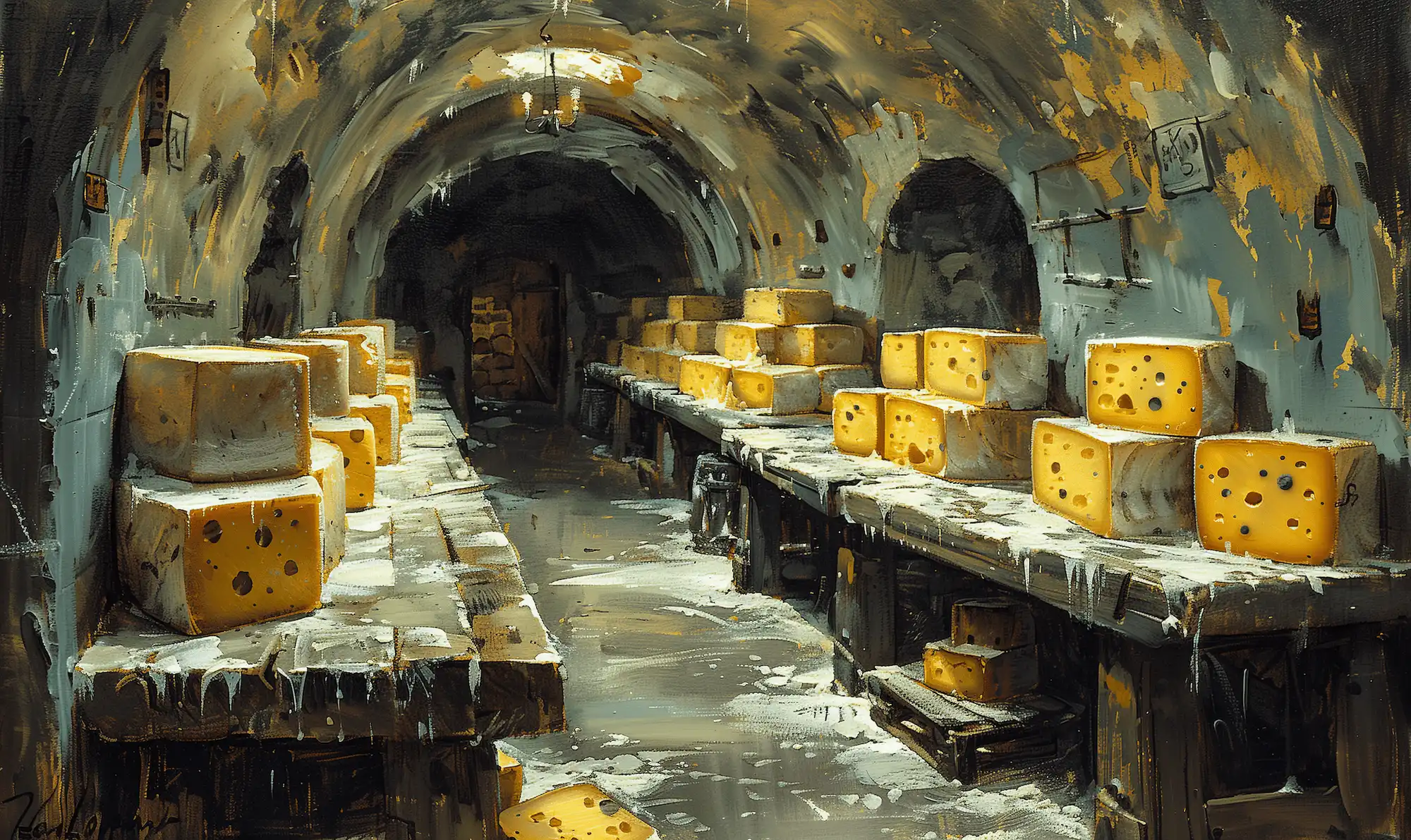 An oil painting of a traditional cheese cave filled with large blocks of aged cheese.