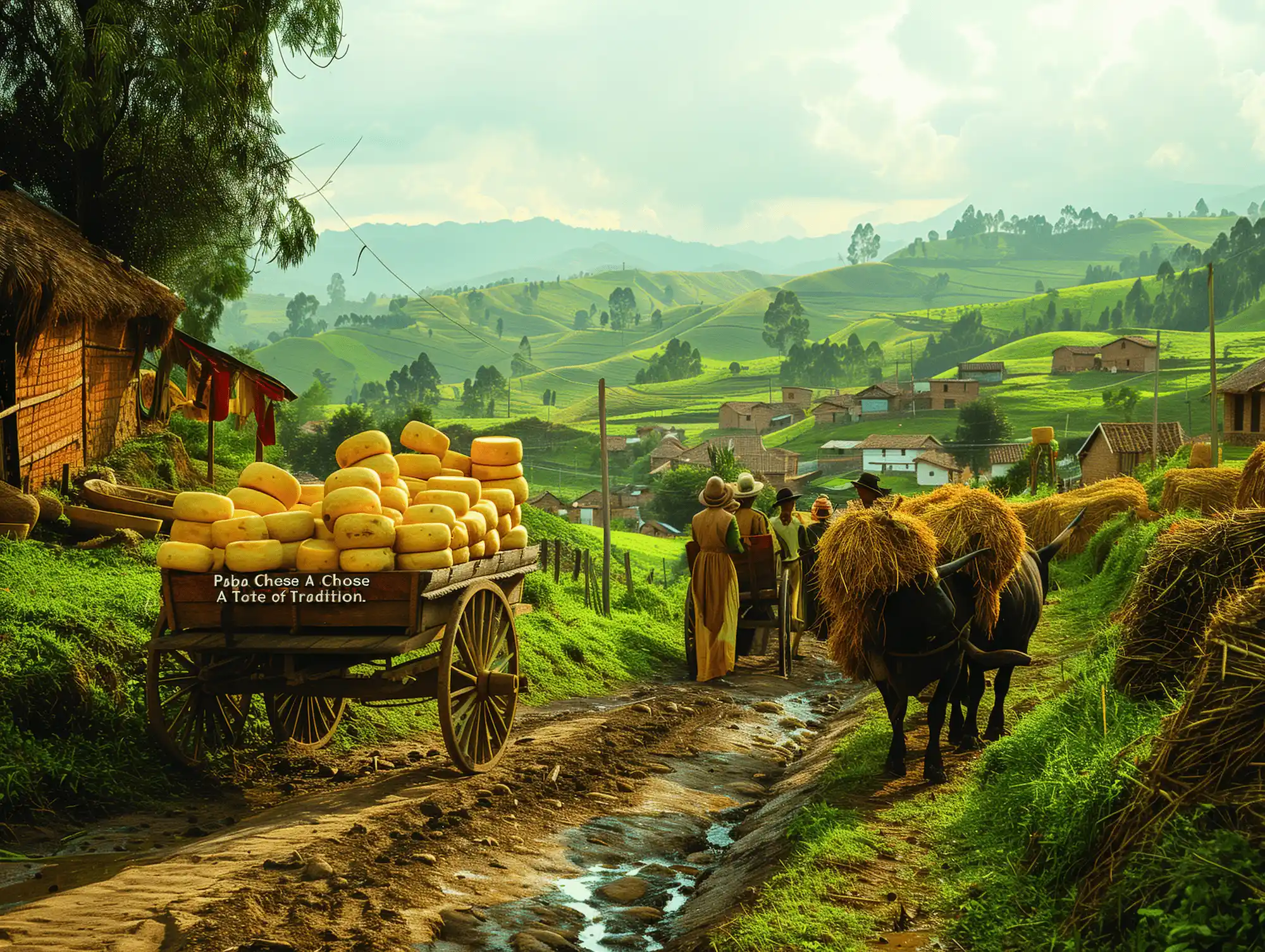 Farmers in traditional attire with a cart full of cheese wheels in the lush green Colombian countryside.