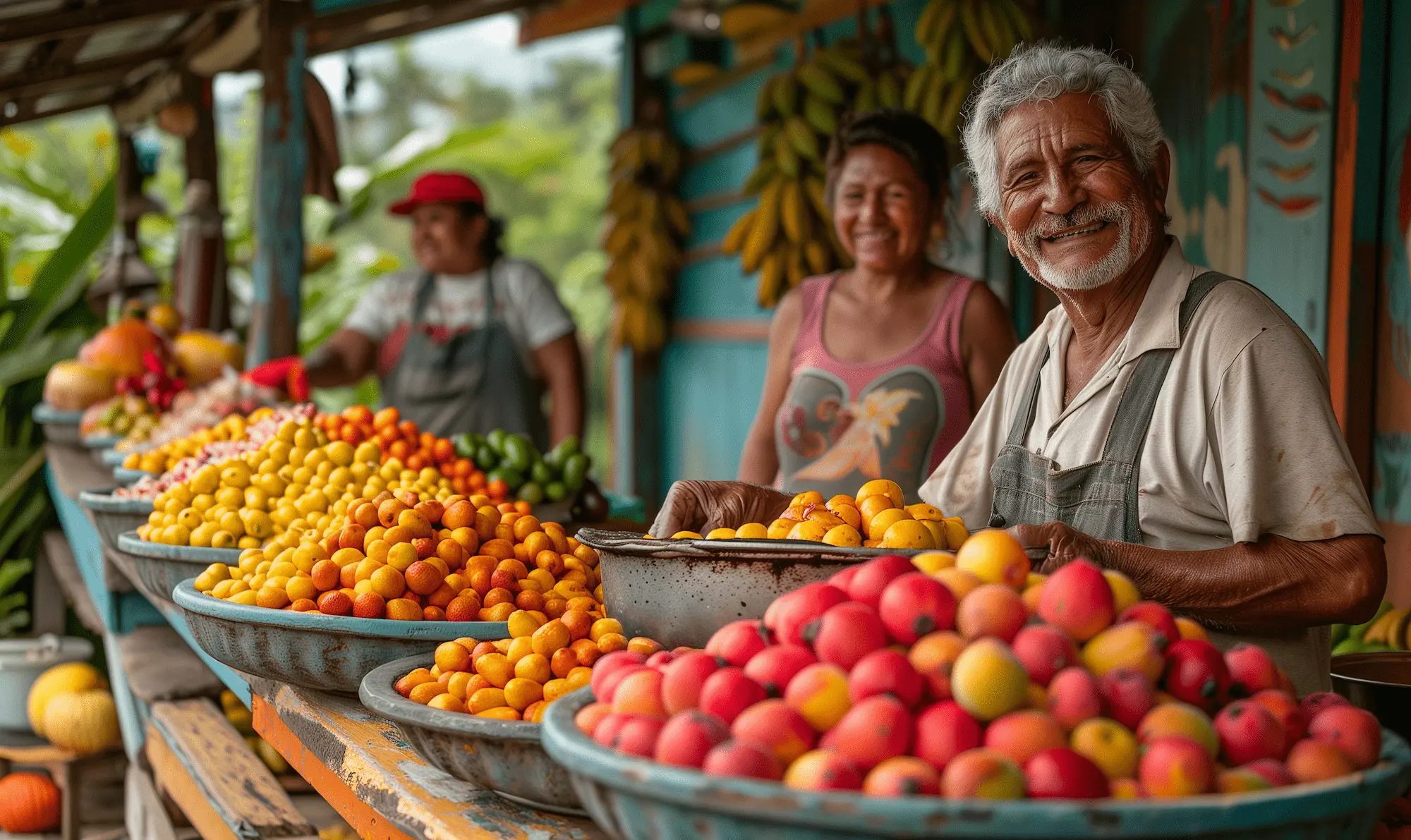 Bustling fruit market in Velez, Santander, Colombia with smiling vendors and vibrant displays of guavas and other fruits.