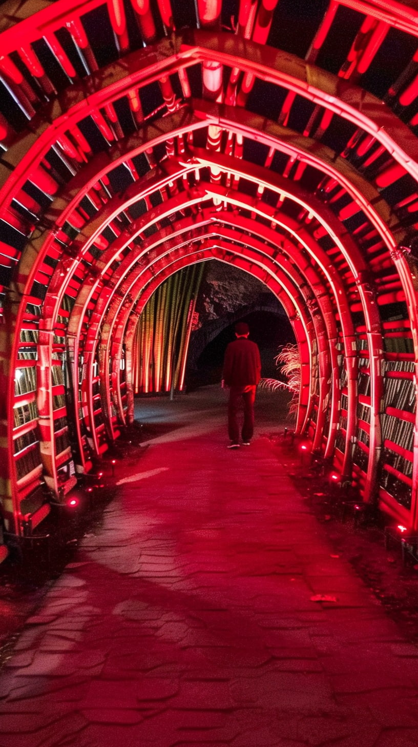 A person walking through a vividly lit red tunnel inside the Salt Cathedral of Zipaquirá.